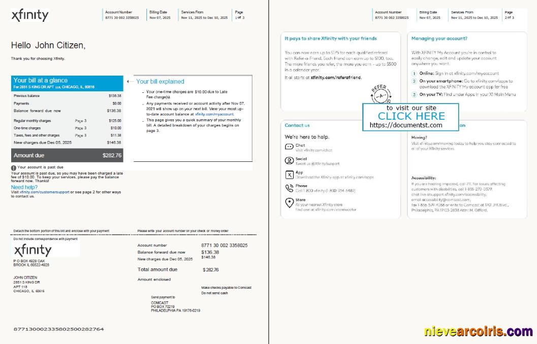 USA Xfinity utility bill, 3 pages, version 2, 1-2 pages